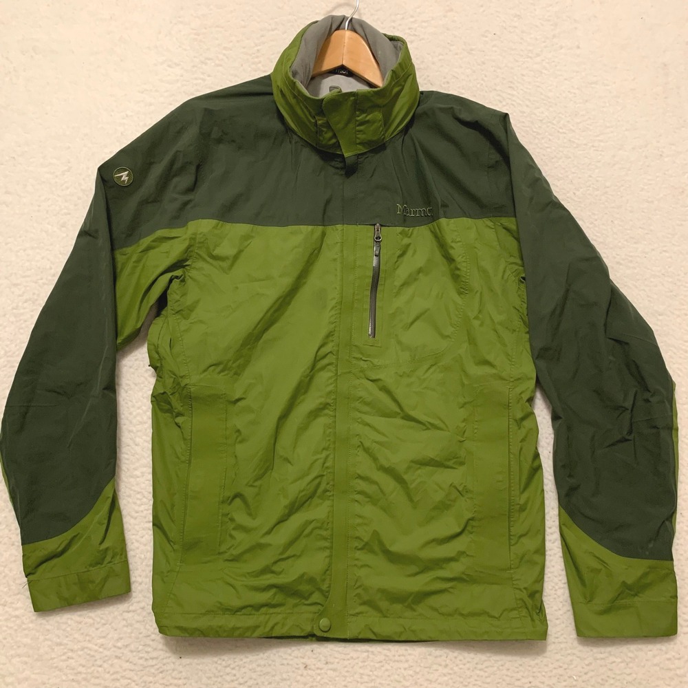 Marmot MemBrain Rain Jacket Mens M Waterproof Hooded Shell Coat Green (STAIN)